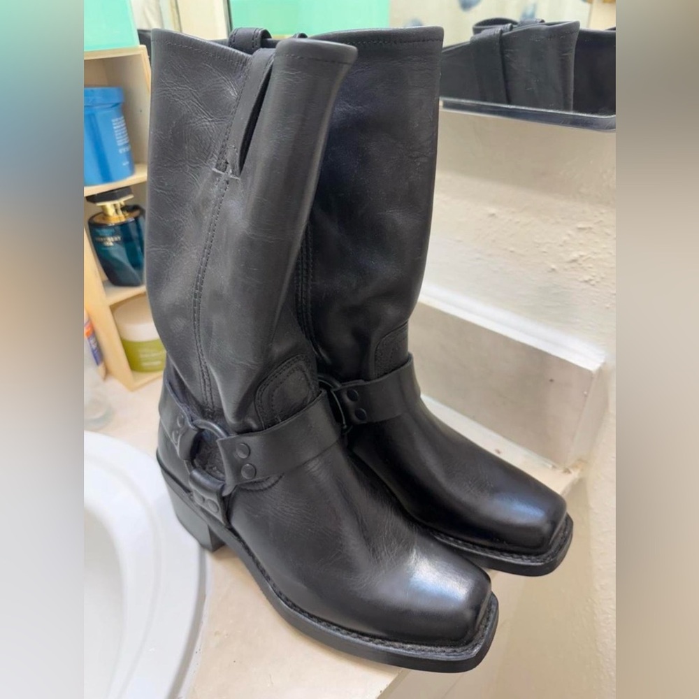 Frye Black Leather Harness Boots
